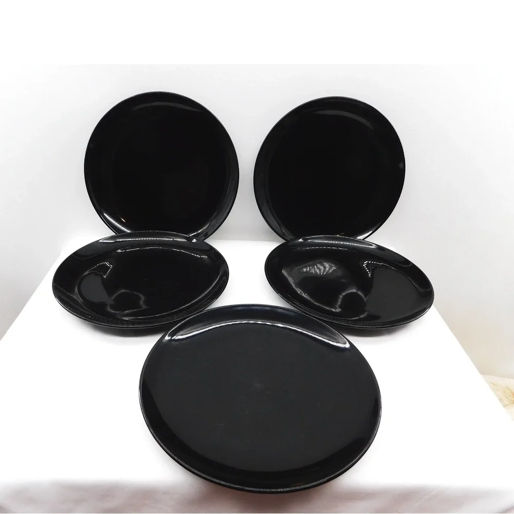 Set of 5 IKEA Fargrik Black Lunch/Salad Plates Glossy Vtg *Some Scratches